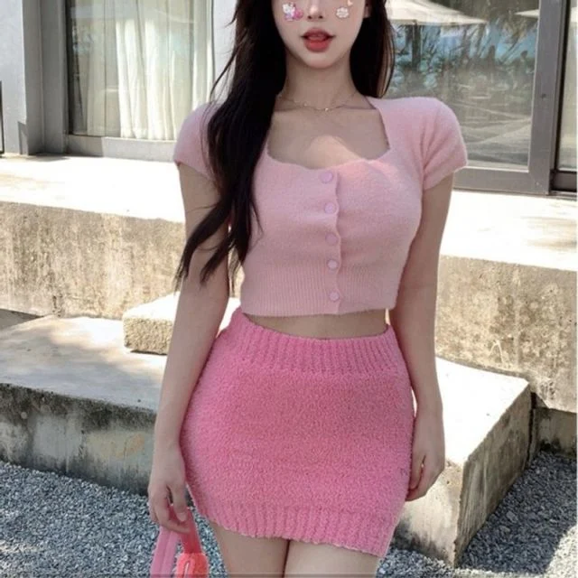 반팔 밴딩 가디건 클럽원피스 미니스커트 크롭 니트
