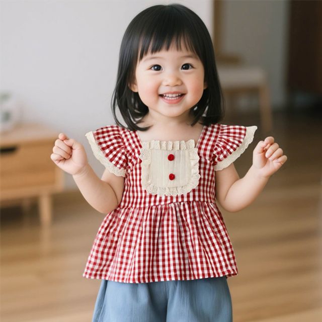 레드체크 여아동 나시 프릴 블라우스 205777