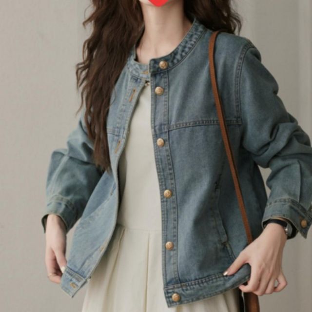 여성 라운드넥 노카라 청자켓 간절기 데님 자켓 봄 가을 데일리 캐주얼 아우터