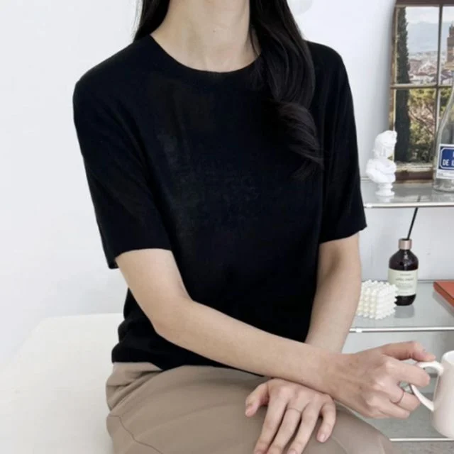 여성 린넨 여름 라운드 반팔 니트 캐주얼 티셔츠
