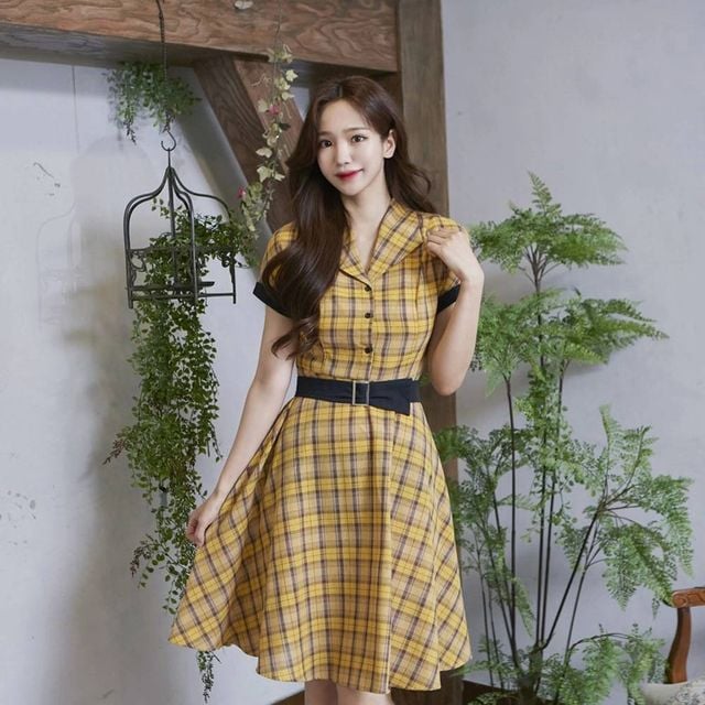TBZ 교복몰 옐로우 체크 벨트 원피스 레트로 복고의상