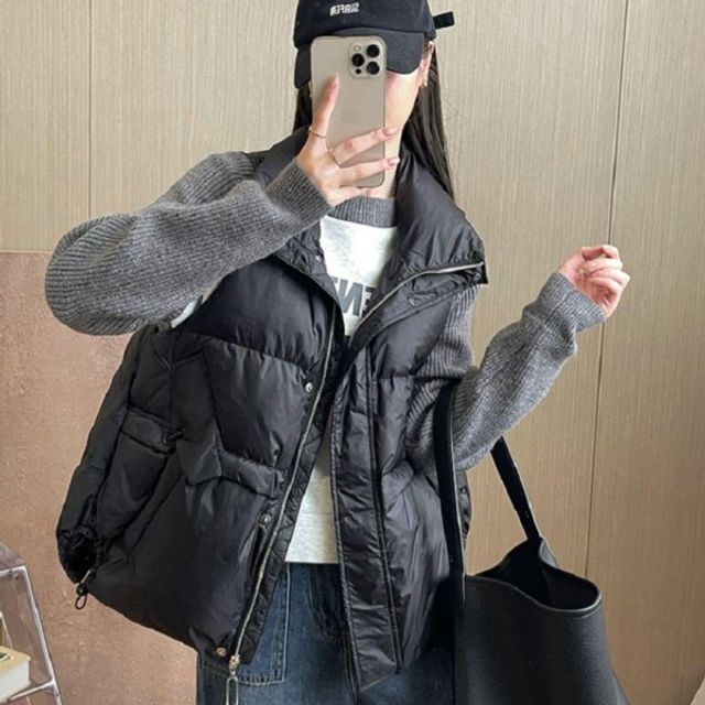 여성 루즈핏 스트링 패딩조끼 하이칼라 겨울 조끼