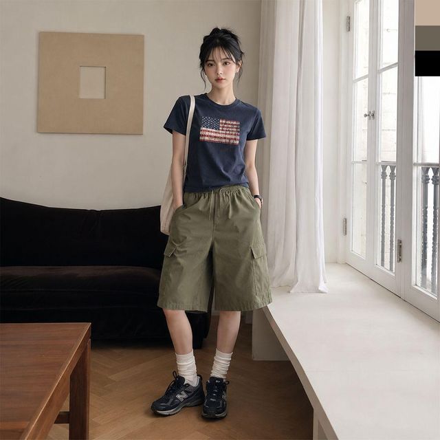 와이드 밴딩 반바지 카고 여성 팬츠 데일리 여름 하프
