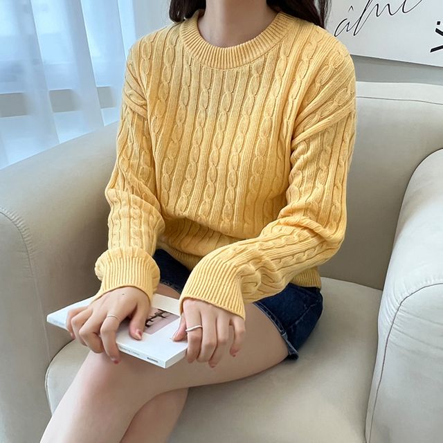 여성 꽈배기 니트티셔츠 1P 캐시 라운드 데일리 긴팔