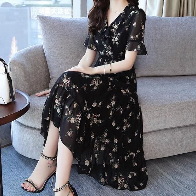 꽃패턴 블랙 쉬폰원피스 모던한 브이넥 라인 원피스 랍슨유통