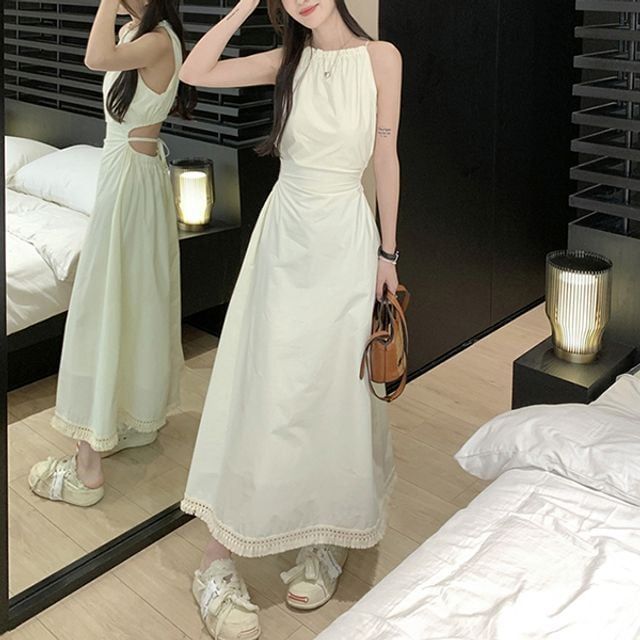 데일리옷 심플 시크 홀터넥 허리트임 롱원피스