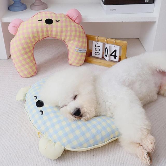 강아지 고양이 체크 목 쿠션 베개 - 세탁 가능 애견용품