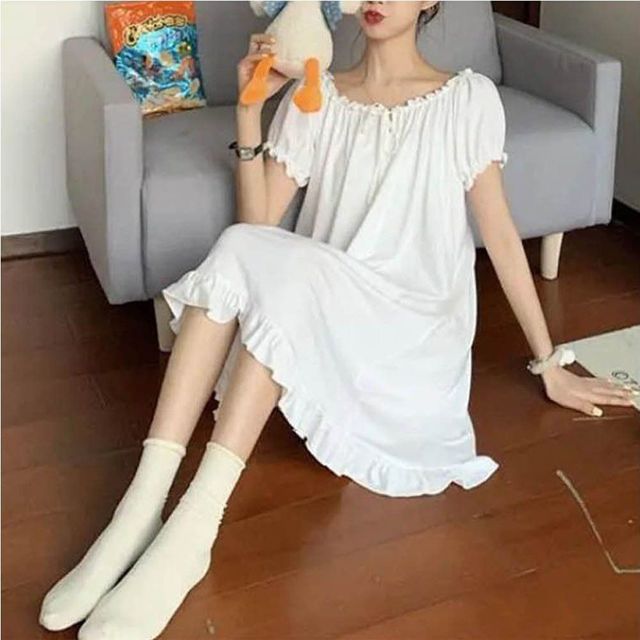 러블리 반팔 원피스 프릴 공주 여성 홈웨어 잠옷