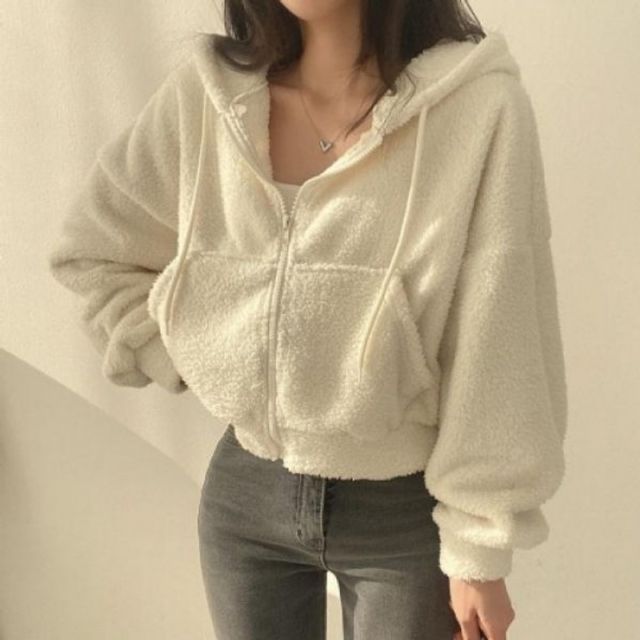 크롭 양털 후드집업 여성 겨울 후리스 자켓