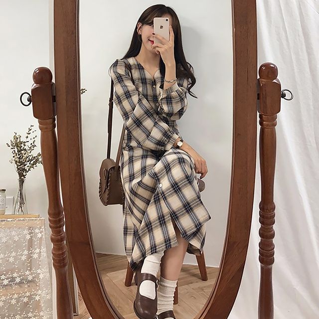 브이넥 캐주얼 체크라인 셔츠 긴팔 롱원피스 - 여성 데일리 원피스