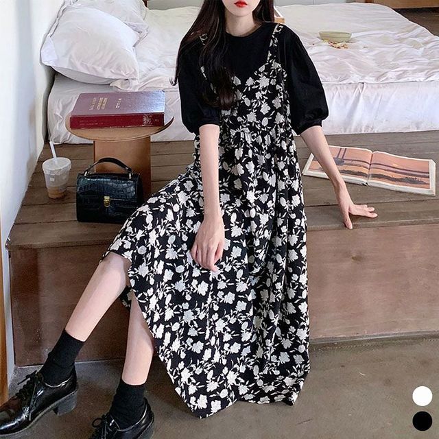 여성 꽃무늬 패턴 반팔 원피스 레이어드 일체형 2색