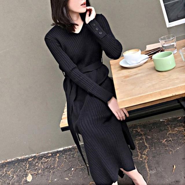 니트 골지 브이넥 롱원피스 슬림핏 옆트림 데일리룩