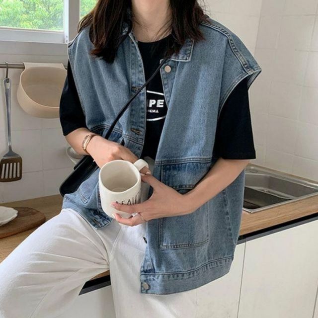 여자 청조끼 루즈핏 데님 간절기 레이어드 데일리 조끼 아우터 겉옷