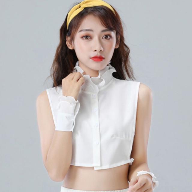 여성 플리츠 레이스 하이넥 페이크카라 넥 케이프