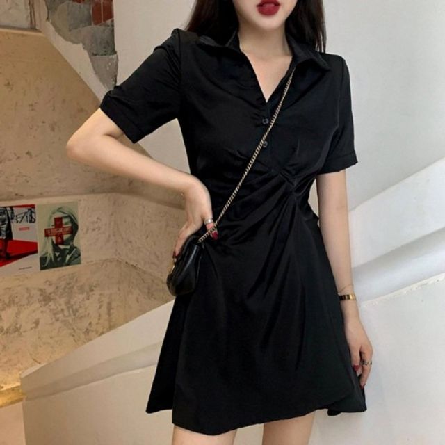 블랙톤 색상 트렌디레이디스 주름 실루엣 포인트컬러 비대칭핏 롱드레스 치마