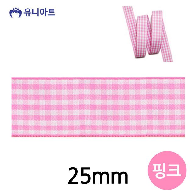 리본공예 롤 25mm 리본 체크 폭 핑크