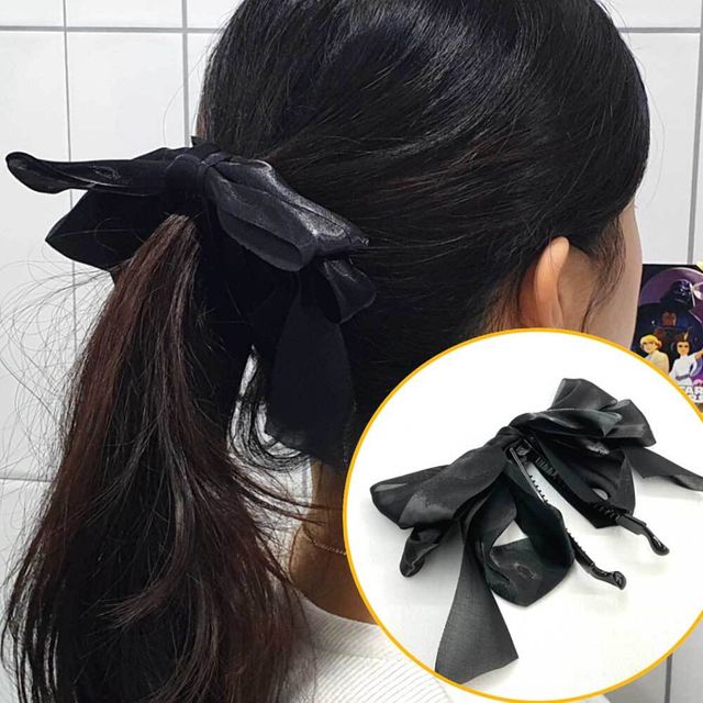 올림머리 쉬폰 왕리본 바나나핀 블랙 집게 헤어핀