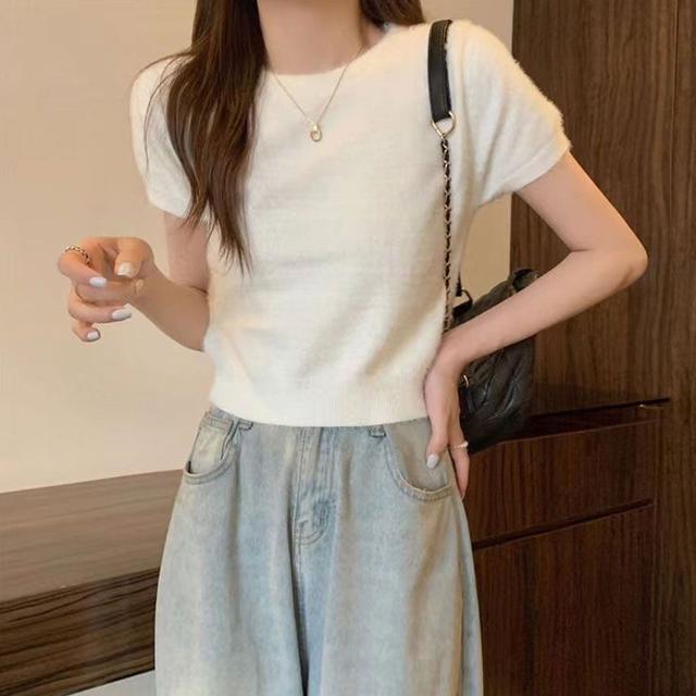 밍크 라운드넥 여자 반팔 티셔츠 깔끔 심플 캐주얼룩