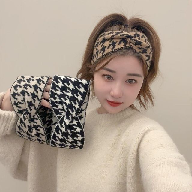 여성 하운드 패턴 꼬임 헤어밴드 리본핀 쥬얼 장식