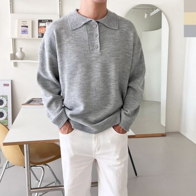 남성용 오버핏 버튼카라 니트 스웨터 간절기용