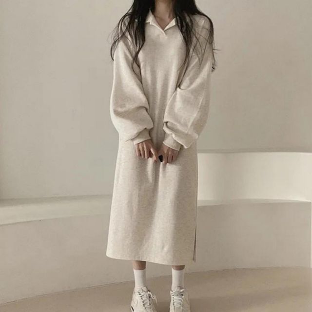 여성 기모 베이직 카라 오버핏 롱 임부복 원피스 2컬러