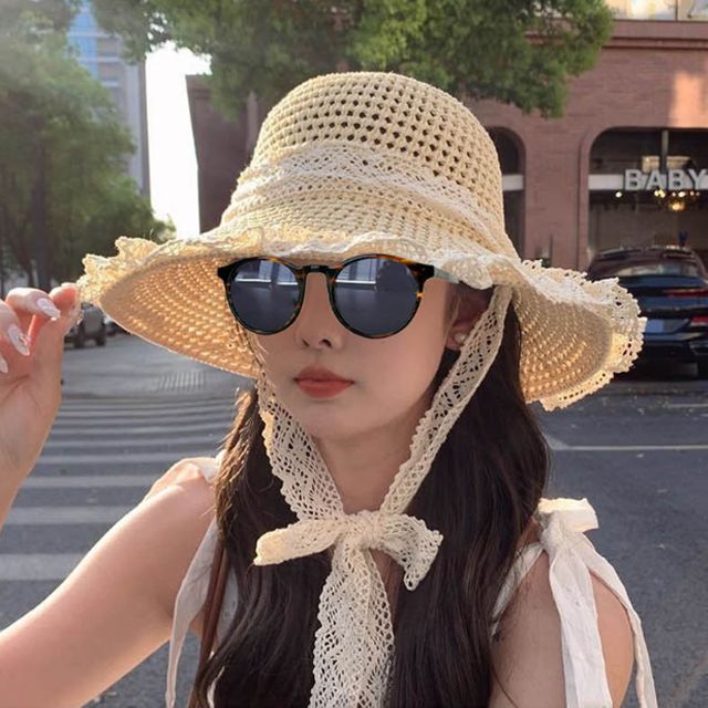 여성 패션 턱끈 밀짚 모자 1P 라피아 휴양지 비치