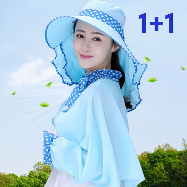 1+1 셔링 도트 햇볕가리개 마스크 리본 모자 망토