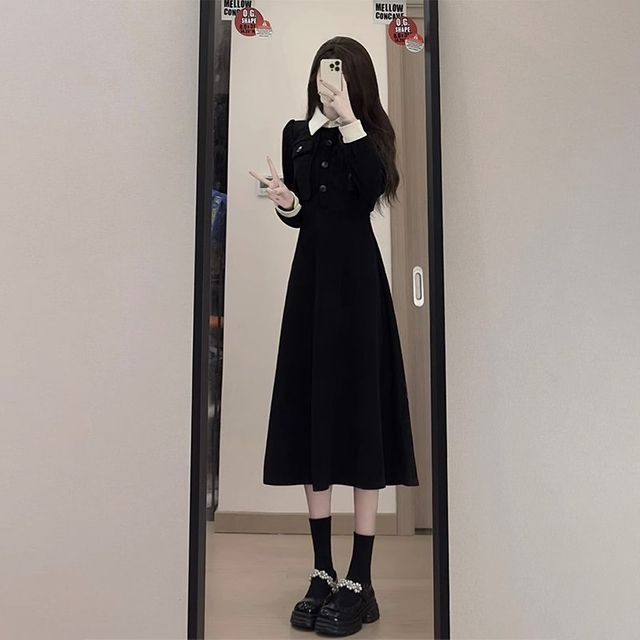 프렌치 햅번하이엔드 블랙 원피스 여성 허리 스커트