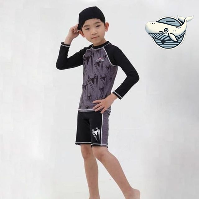 스파이더맨 남아 여름 수영복 모자 및 래쉬가드