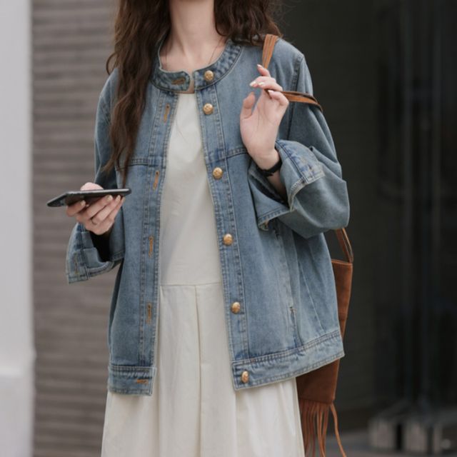 차이나카라 데님 자켓 라운드넥 모던 청자켓 중청