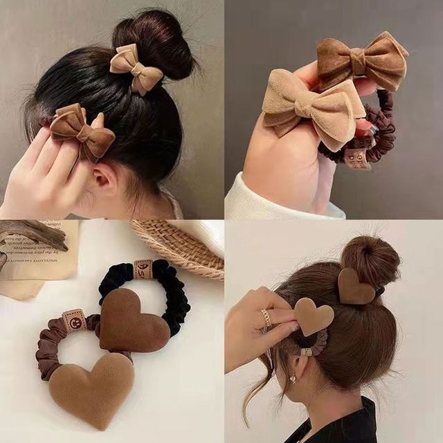 리본 하트 스웨이드 헤어 머리끈 X5개 고무줄 헤어끈