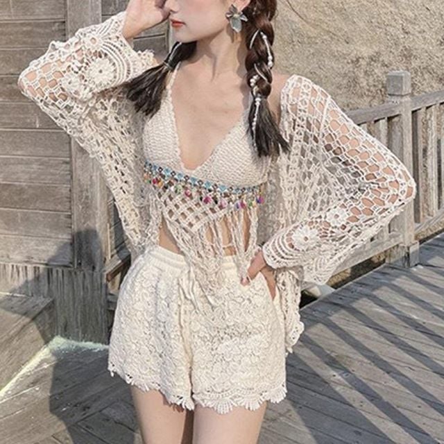 여름 그물 긴팔 가디건 크로셰 시스루 니트 비치웨어 수영복 커버업 망사 루즈핏