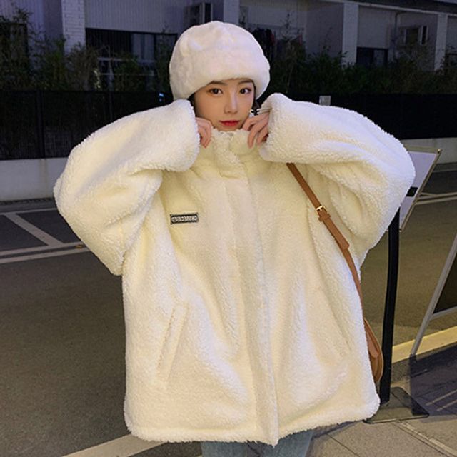 여성 오버핏 화이트 후리스 양털 뽀글이 플리스점퍼