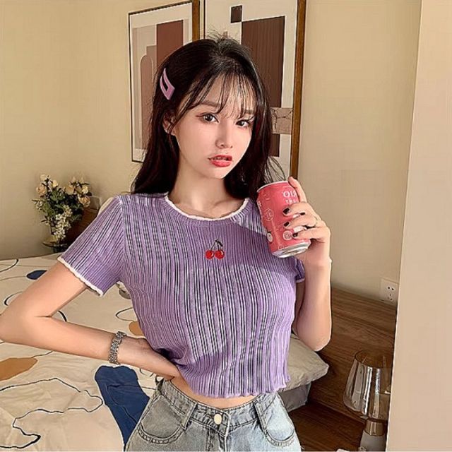 반크롭 자수 체리 티셔츠 자수티셔츠 반팔 반소매 여