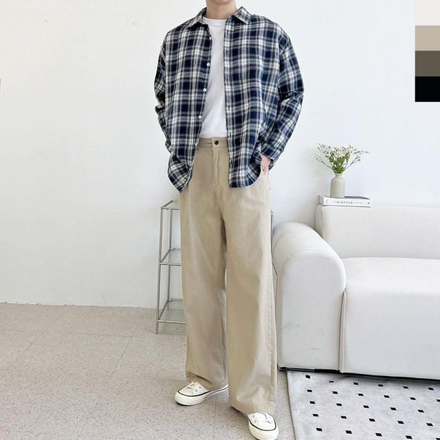 핀턱 사계절 코튼 남성 팬츠 세미와 면바지 반밴딩 이드
