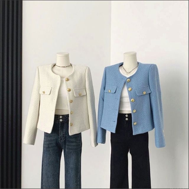 트위드자켓 봄 노카라 골드단추 여자 하객룩 아우터 가을