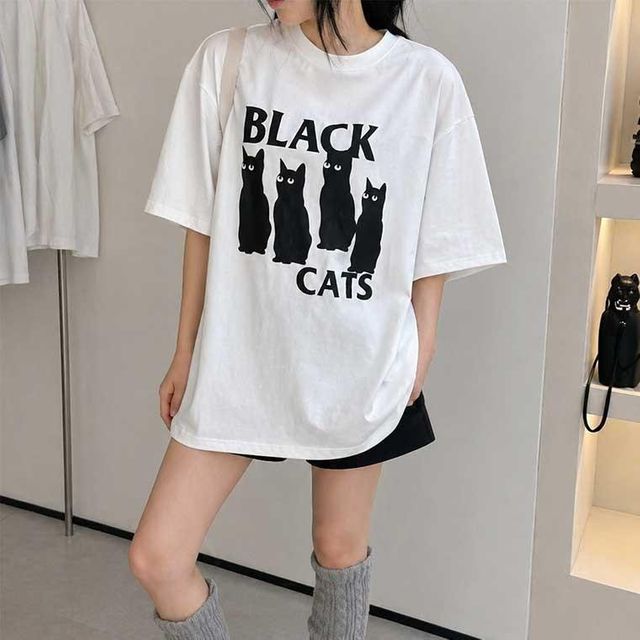 BLACK CATS 블랙캣츠 루즈핏 오버핏 반팔 티셔츠 반팔티셔츠 루즈핏티셔츠 편한티셔츠 넉넉한티셔츠