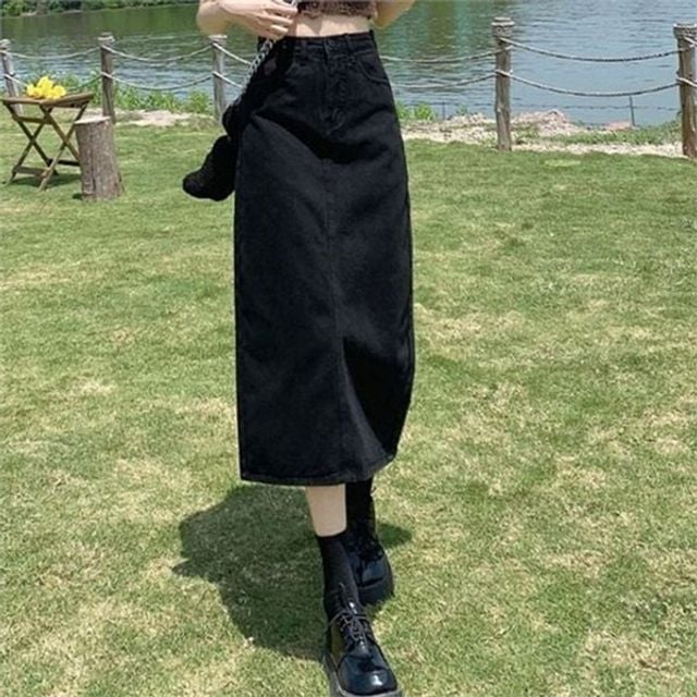 스트레이트 여성 데님 스커트 데일리 여성 롱 스커트 베이직 캐주얼