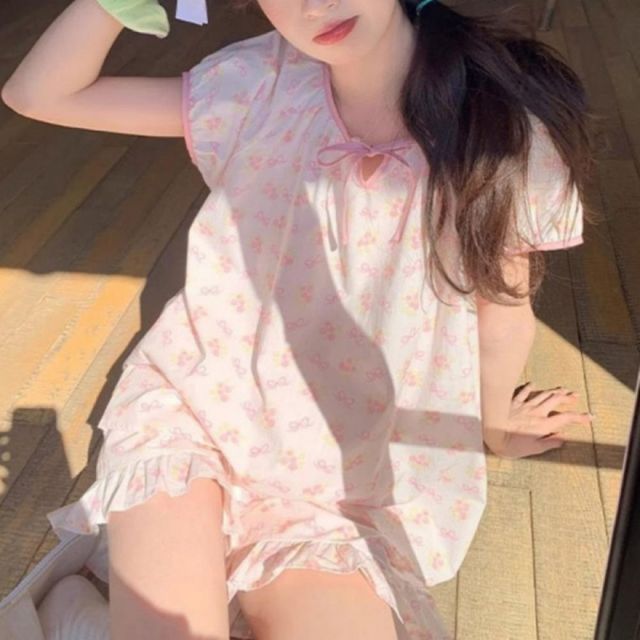 여성용 여름 반팔 반바지 잠옷 데일리 실내복 프릴 디자인