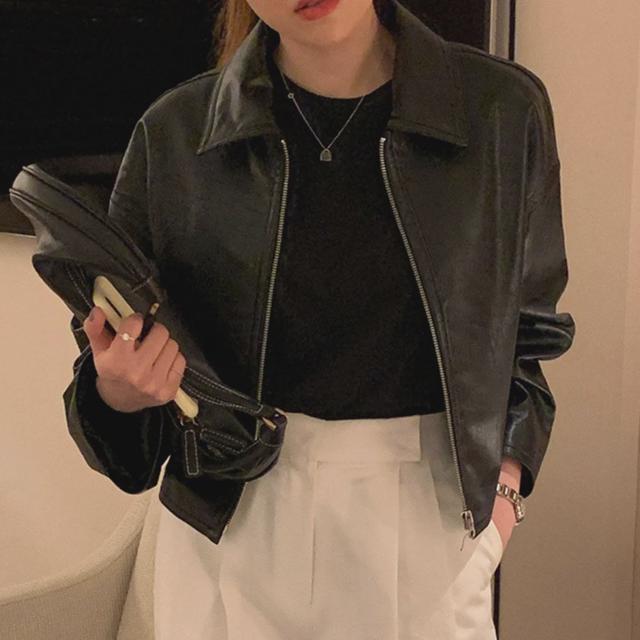 숏 레더 자켓 여유핏 지퍼 디자인 데일리 패션 자켓