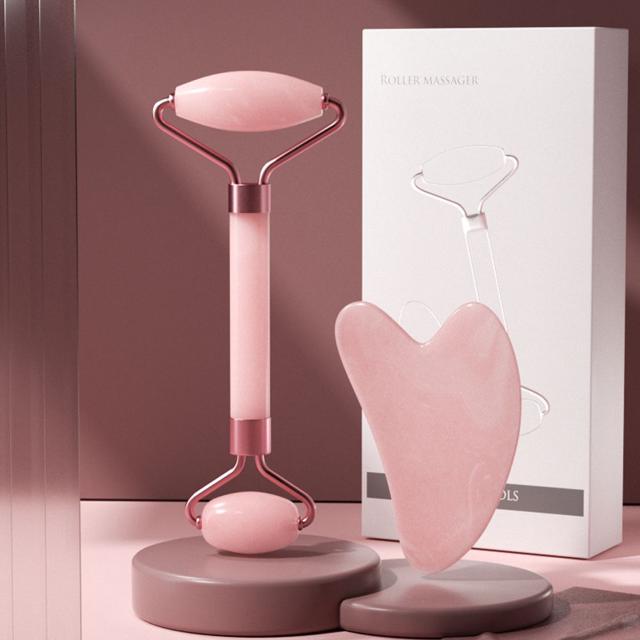 로즈쿼츠 괄사 마사지 하트 롤러 얼굴 마사지 세트