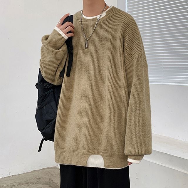 2컬러 데일리 라운드넥 빈티지 데미지 니트