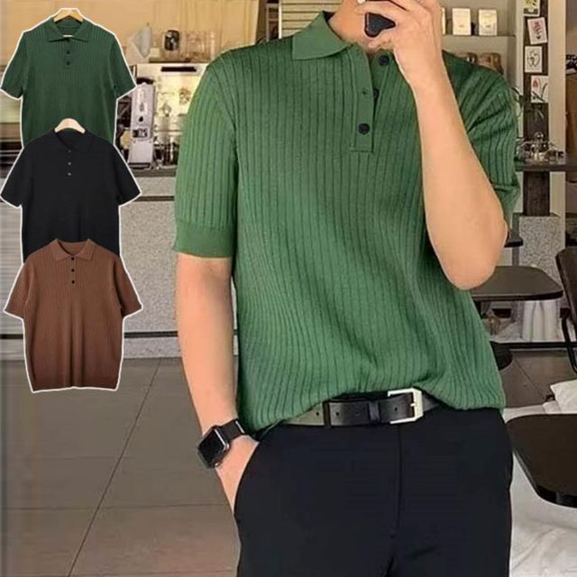 남성 데일리룩 데이트룩 유단추 카라 니트 티셔츠