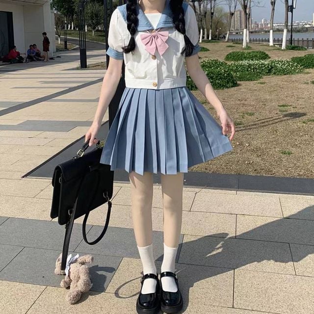TBZ 스카이블루 반팔 블라우스 핑크타이 마린 세라복 교복