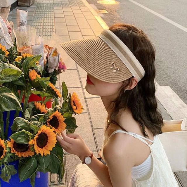 리본 여행 여름 라탄 물놀이 캠핑 바캉스 모자 여성 골드