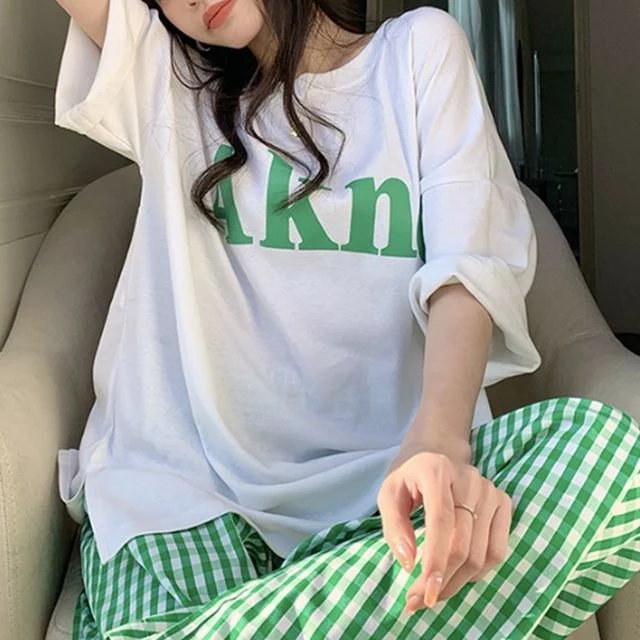 WL 여성 반팔 티 체크 긴 바지 잠옷 세트 홈웨어 실내복