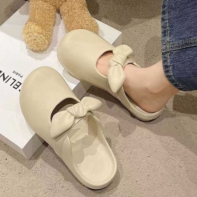둥근코 쿠셔닝 발등 리본장식 슬리퍼 넓은발볼 캐주얼