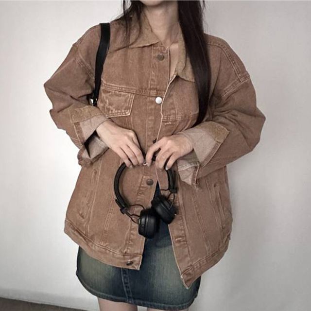 여성 캐주얼 박스핏 청자켓 1P 카라 배색 데님 외투