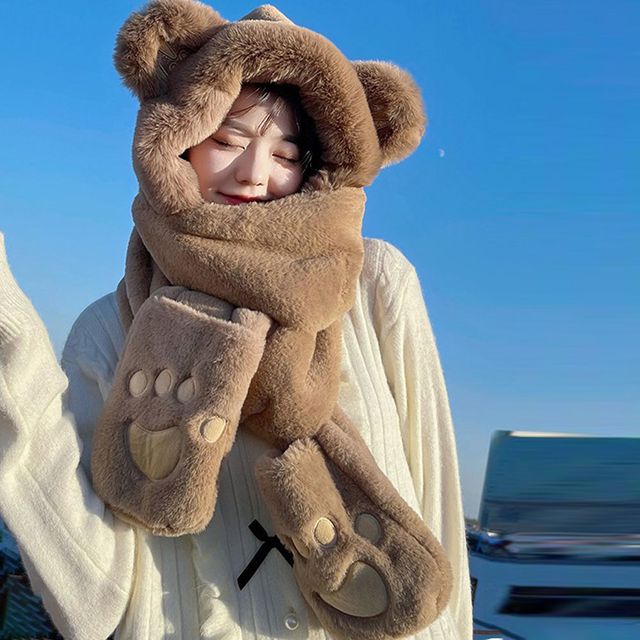 일체형 털모자 목도리 털장갑 보온 곰돌이 방한용품