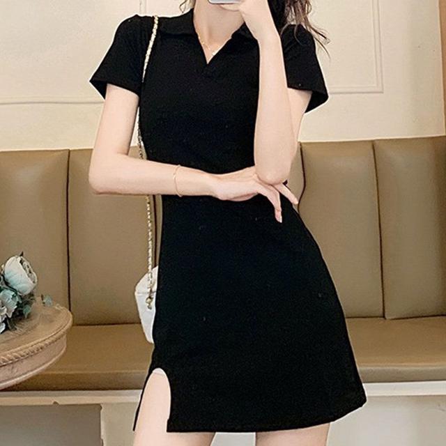 카라 브이넥 미니 섹시 반팔 원피스 캐주얼 데이트룩